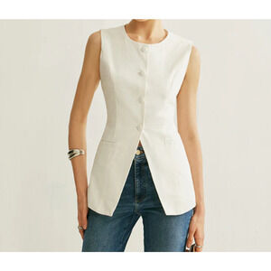 Commense Button Front Cotton Linen Vest White Large Classic Minimalist Quiet